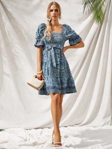 SHEIN VCAY Vestido de hombros descubiertos con cinturón bajo con fruncido con estampado de paisley - Multicolor - Ver 4