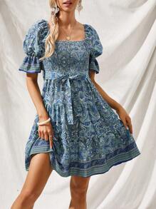 SHEIN VCAY Vestido de hombros descubiertos con cinturón bajo con fruncido con estampado de paisley - Multicolor - Ver 6