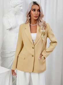 SHEIN Privé 西裝領翻蓋細節西裝外套 - 卡其色 - 查看 1