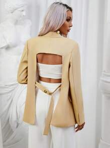SHEIN Privé 西裝領翻蓋細節西裝外套 - 卡其色 - 查看 2