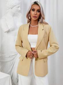 SHEIN Privé 西裝領翻蓋細節西裝外套 - 卡其色 - 查看 3