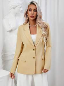 SHEIN Privé 西裝領翻蓋細節西裝外套 - 卡其色 - 查看 5