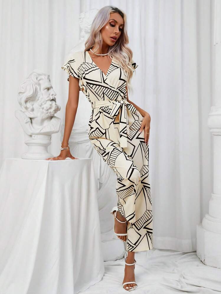 GENKIRA Geo Print Butterfly Sleeve Belted Jumpsuit - Multicolor - View 3