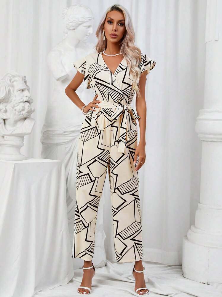 GENKIRA Geo Print Butterfly Sleeve Belted Jumpsuit - Multicolor - View 4