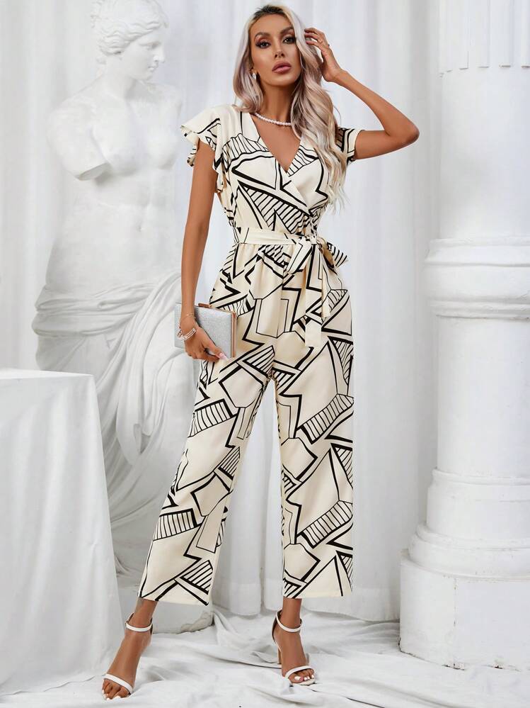 GENKIRA Geo Print Butterfly Sleeve Belted Jumpsuit - Multicolor - View 5