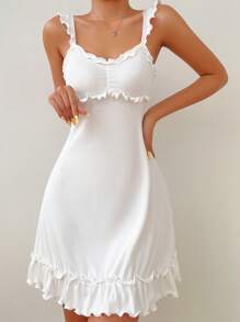 Frill Trim Ruched Bust Ruffle Hem Pajama Nightdress Holiday Season