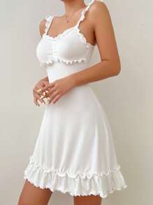 Frill Trim Ruched Bust Ruffle Hem Pajama Nightdress Holiday Season