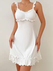 Frill Trim Ruched Bust Ruffle Hem Pajama Nightdress Holiday Season