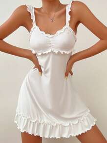 Frill Trim Ruched Bust Ruffle Hem Pajama Nightdress Holiday Season