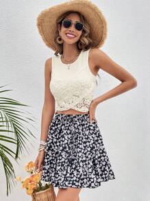 SHEIN VCAY Contrast Lace Crop Tank Top - Beige - View 6