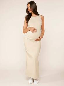 SHEIN Maternity Solid Split Thigh Dress - Beige - View 1