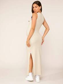 SHEIN Maternity Solid Split Thigh Dress - Beige - View 2