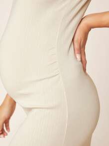SHEIN Maternity Solid Split Thigh Dress - Beige - View 6