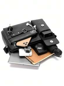 男款斜挎肩背包公文包手提包手提包男式信使包手提包手提電腦包大容量商務時尚復古pu皮革男士禮物男友生日紀念日斜挎包斜背包側背包黑色包包極簡主義老式商務休閒旅行度假手提包 - 黑色 - 查看 8