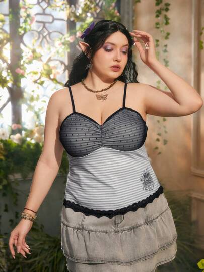 Fairycore Plus Striped Print Lace Trim Cami Top