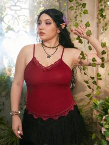 Sweetness Plus Contrast Lace Cami Top - Red - View 3