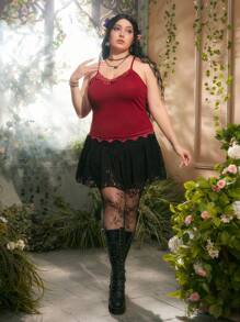 Sweetness Plus Contrast Lace Cami Top - Red - View 4