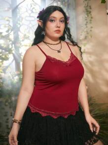 Sweetness Plus Contrast Lace Cami Top - Red - View 5