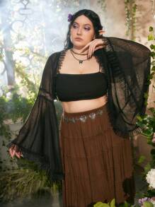 ROMWE Fairycore 大碼蕾絲拼接喇叭袖開門襟短款上衣 - 黑色 - 查看 5