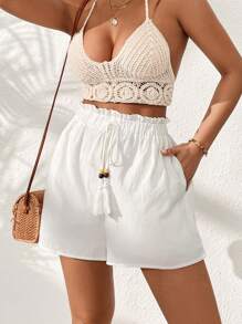 Soleia Tassel Tie Front Paperbag Waist Shorts - White - View 5