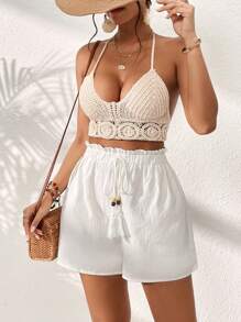 Soleia Tassel Tie Front Paperbag Waist Shorts - White - View 1