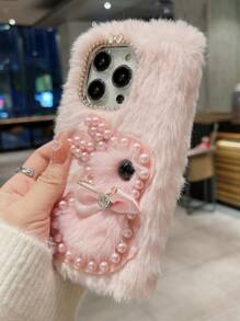 Cartoon Rabbit Decor Plush Phone Case - Pink - View 3