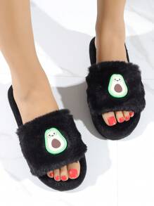 秋冬时尚女士黑色卧室拖鞋，卡通牛油果装饰拖鞋，毛茸茸的鞋子 - 黑色 - 查看 4