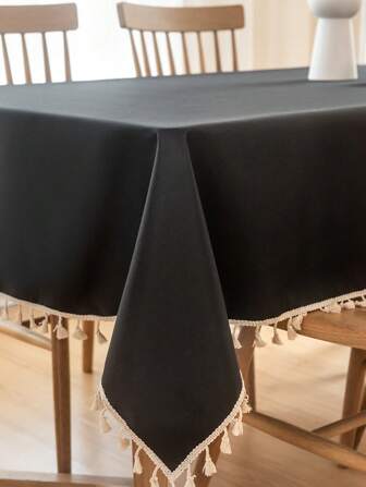 1pc Waterproof Tablecloth, Furniture Cover Rectangle Solid Color Tablecloth For Meeting Dining Study Tea Table With Fringe Lace, Waterproof For Picnic Mats