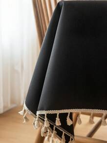 1 件防水桌布,家具套長方形純色桌布,適合會議餐飲學習茶几,帶流蘇花邊,防水野餐墊 - 黑色 - 查看 4