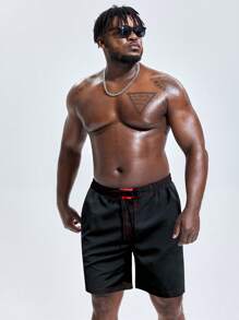 Manfinity KASUA Men Top-stitching Drawstring Waist Slant Pocket Swim Trunks - Black - View 3