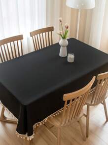 1 件防水桌布,家具套長方形純色桌布,適合會議餐飲學習茶几,帶流蘇花邊,防水野餐墊 - 黑色 - 查看 7