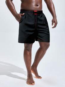 Manfinity KASUA Men Top-stitching Drawstring Waist Slant Pocket Swim Trunks - Black - View 4