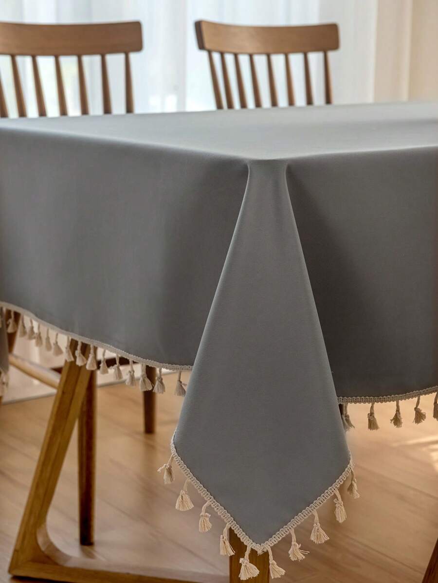 1 Khăn trải bàn hình chữ nhật màu trơn cho bàn làm việc, phòng ăn, bàn cà phê có bảo vệ chống nước & thiết kế tua rua, thích hợp sử dụng trong nhà & ngoài trời - Màu Xám nhạt - Xem 1