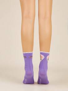 The Powerpuff Girls | ROMWE 1pair Women Letter Cartoon Pattern Fashion Crew Socks - Purple - View 3