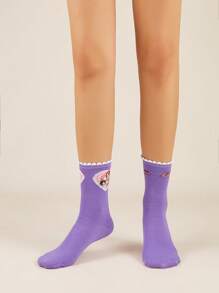 The Powerpuff Girls | ROMWE 1pair Women Letter Cartoon Pattern Fashion Crew Socks - Purple - View 4