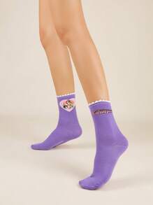 The Powerpuff Girls | ROMWE 1pair Women Letter Cartoon Pattern Fashion Crew Socks - Purple - View 5