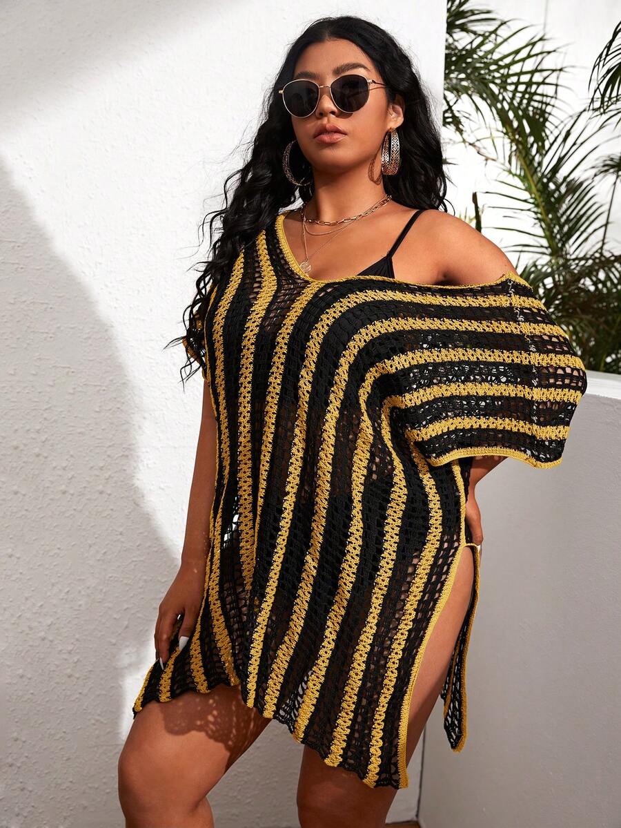 Plus Striped Split Thigh Crochet Cover Up - Multicolor - View 1