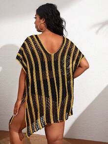 Plus Striped Split Thigh Crochet Cover Up - Multicolor - View 2