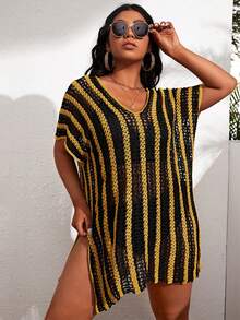 Plus Striped Split Thigh Crochet Cover Up - Multicolor - View 3