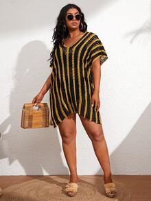 Plus Striped Split Thigh Crochet Cover Up - Multicolor - View 5
