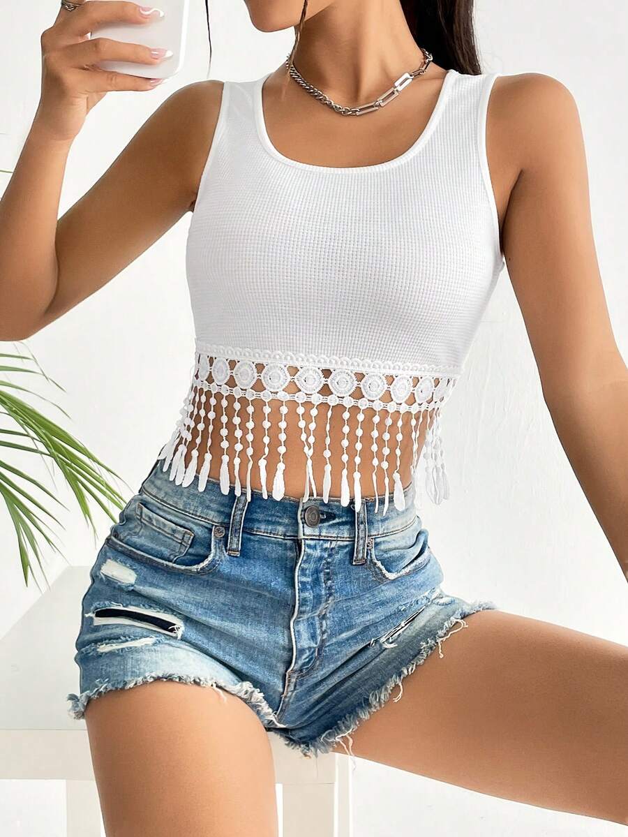 SHEIN Essnce Fringe Hem Crop Tank Top - White - View 1