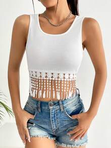 SHEIN Essnce Fringe Hem Crop Tank Top - White - View 3