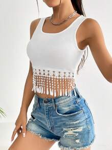 SHEIN Essnce Fringe Hem Crop Tank Top - White - View 4
