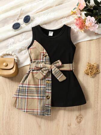 Baby Girl Plaid Print Asymmetrical Hem Belted Dress, For Christmas
