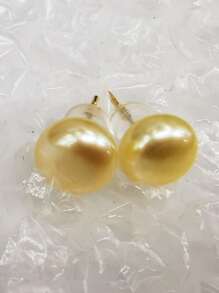 1 Pair 8mm Yellow Natural Freshwater Pearl & 925 Sterling Silver Earrings - Yellow - View 1