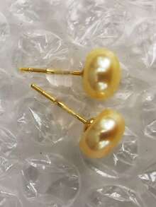 1 Pair 8mm Yellow Natural Freshwater Pearl & 925 Sterling Silver Earrings - Yellow - View 3