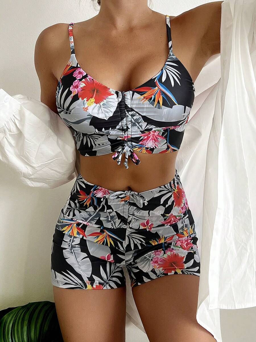 Bộ bikini dây rút in họa tiết nhiệt đới đi biển mùa hè - Nhiều màu - Xem 1
