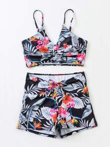 Bộ bikini dây rút in họa tiết nhiệt đới đi biển mùa hè - Nhiều màu - Xem 4