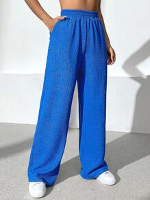 SHEIN EZwear 素色斜口袋闊腿褲 - 寶藍色 - 查看 3