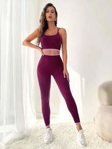 Yoga Trendy Crisscross Backless Contrast Trim Sports Set - Purple - View 2